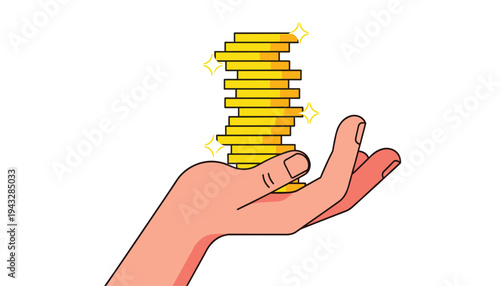A cartoon hand holding a stack of gold coins with sparkles