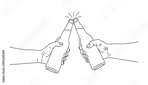 Two hands toasting with champagne bottles in a celebratory gesture