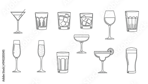 A collection of 12 different types of glasses for various beverages and cocktails
