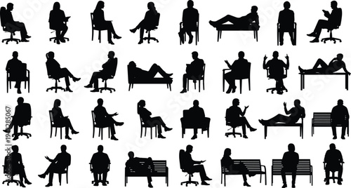 Canvastavla Large set of black silhouettes featuring people sitting on chairs, benches, and sofas, lounging and relaxing, isolated on white background