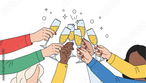 Diverse group of friends toasting with champagne glasses in a celebratory gesture