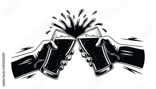 Silhouette illustration of two hands clinking beer mugs with splash for celebration toast