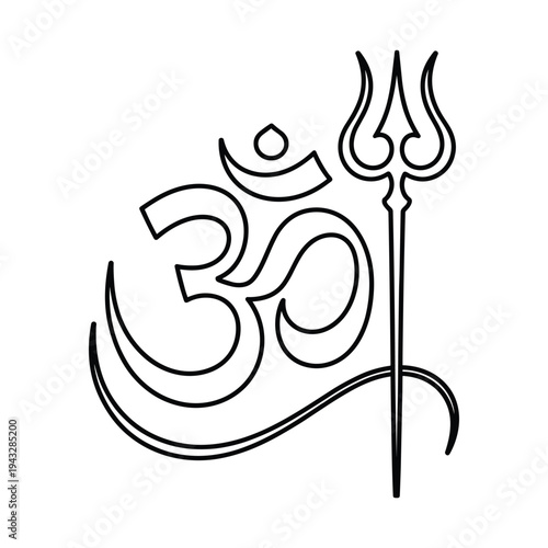 Stylized Om symbol and Trident of Lord Shiva outline design for religious and spiritual concepts