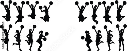 WebSet of black cheerleader silhouettes jumping, dancing, and holding pom poms, isolated on white background for sports and school spirit design.