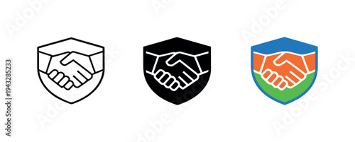 Handshake inside a shield icon set: outline, solid, and colorful versions
