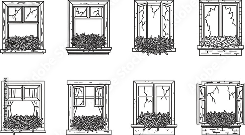 Set of dilapidated and broken windows with overgrown vegetation line art vector illustration depicting neglect and urban decay