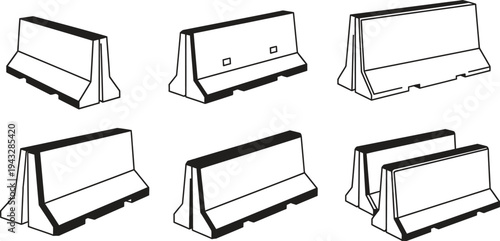 Collection of road barriers in line art style vector illustration for traffic control construction safety and infrastructure projects isolated on white