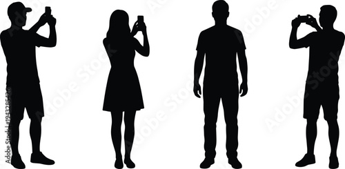 WebSet of black people silhouettes taking photos with smartphones and standing, isolated on white background for technology and social media.