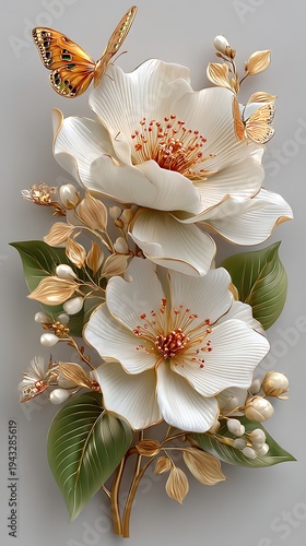 Elegant white floral gold butterfly art high resolution picture