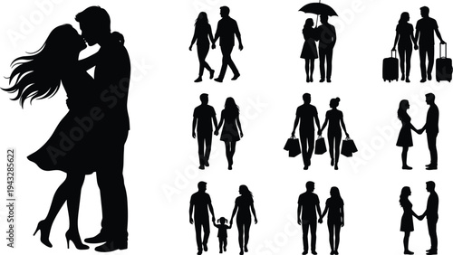 Set of black couple silhouettes featuring romantic kissing, walking together, shopping, traveling with luggage, and holding hands with a child.
