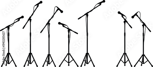 Set of Professional Silhouette Microphone Boom Stands with Adjustable Tripod Bases for Stage Performance, Concert Audio Equipment, and Recording Studio Gear