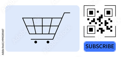 Online shopping, retail marketing, digital subscriptions, e-commerce promotion, customer engagement, mobile QR scanning. Shopping cart icon with QR code and subscribe button. Online shopping