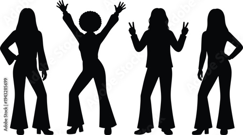 Set of Retro 1970s Disco Women Silhouettes in Bell Bottom Pants, Vintage Hippie Fashion Styles, Groovy Party Dancers, and Funky Outfits
