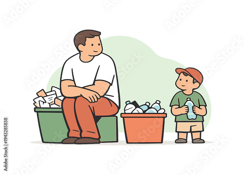 Calm family pauses while sorting paper and plastic waste, bodies angled differently as bins fill at uneven pace | family sorting