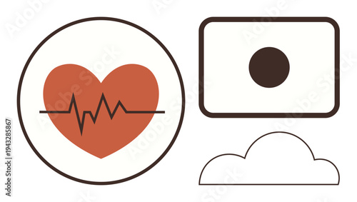 Health monitoring, telehealth services, digital connectivity, photography, cloud storage, remote access. A red heart with heartbeat lines, a black dot in a rectangular frame and a cloud icon. Health