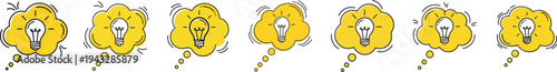 Yellow Thought Bubble with Lightbulb Outline Icons Set. Creative Idea, Innovation, Brainstorming, Problem Solving, and Inspiration Vector Concepts. Doodle Style Design Elements for Business