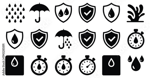 Waterproof icons collection with shielded droplets, umbrella symbols, and timer indicators, isolated on white background, waterproof protection and product reliability vector
