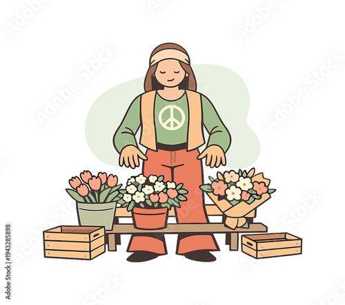 Peace person chooses flowers at a market stall, hands hovering over bouquets while simple crates line the ground nearby today