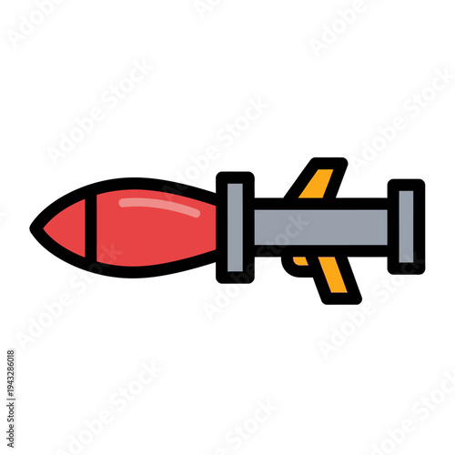 Red missile with fins and warhead, isolated on white background, vector illustration