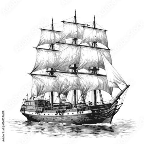 Detailed vector sketch of a majestic tall sailing ship on calm waters: Design for nautical themed wall art, historical book illustrations, or seafood restaurant menus. Transparent background SVG file.