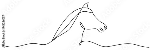 Continuous line drawing of horse head in minimalist style. Elegant one line art animal portrait. Vector illustration isolated on white background.