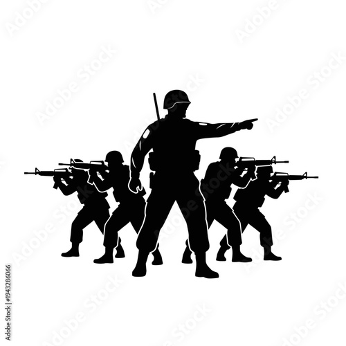 Military squad advancing with rifles, leader pointing forward, teamwork and strategy concept