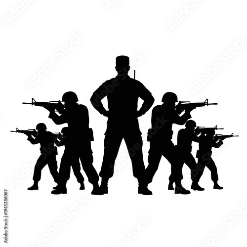 Military Squad Silhouette: Soldiers with Rifles Ready for Action