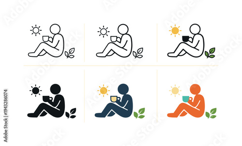 Calm leisure activity symbol illustrating a seated figure enjoying quiet time with a cup and relaxed posture, surrounded by