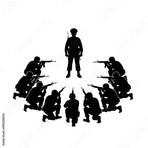 Military squad surrounding leader, ready for action, tactical formation, teamwork, defense