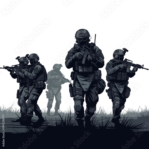 Military Special Forces Soldiers in Tactical Gear Advancing in Formation