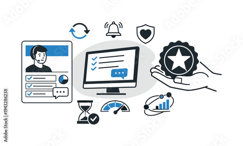 Modern minimal flat vector conceptual collage, crisp hard edges, consistent THIN outline stroke, rounded corners where needed,