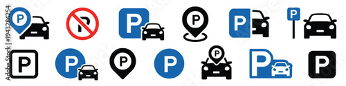 Variety of car parking signs and icons with different styles and colors