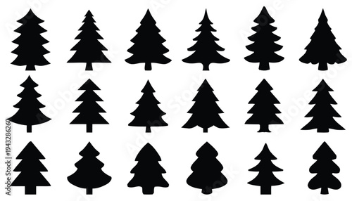 Variety of Christmas tree silhouettes in rows on white background