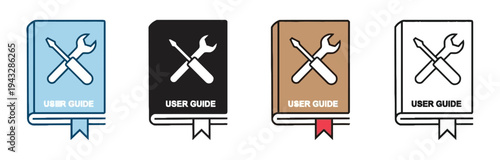 User guide book icons with tools and bookmark in different color styles