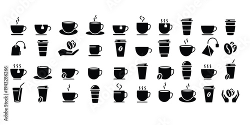 Variety of coffee and tea drink icons in cups and to-go containers