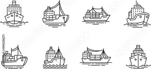 Collection of minimalist line art ship icons featuring various cargo and container vessels perfect for logistics global trade and marine transportation applications