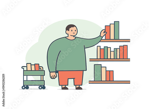 Man in green shirt and orange pants organizing books on shelves with a book cart nearby