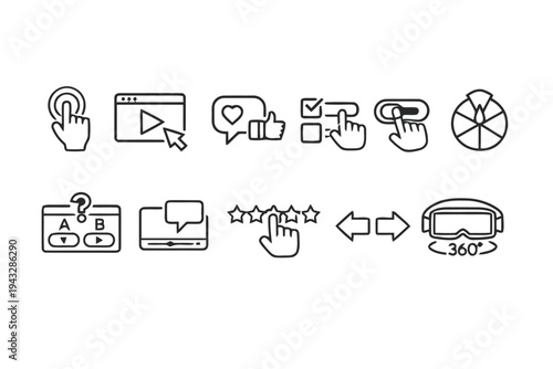 User interface and experience testing icons with VR headset and rating symbols