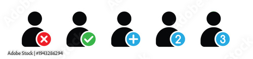 User icons with status badges showing cross checkmark plus sign and numbers two three