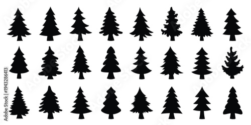 Variety of stylized black christmas tree silhouettes on white background