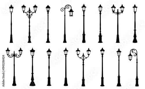 Variety of street lamp post silhouettes, elegant outdoor lighting fixtures for cityscape