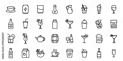 Variety of beverage icons including coffee, tea, cocktails, juice, and soda for a drink menu