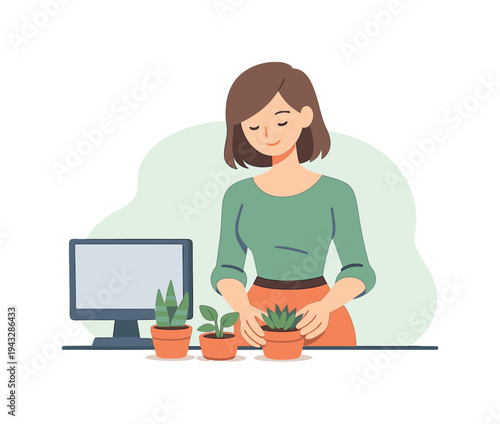 Calm person arranges desk plants beside a monitor, turning pots slightly, soil tidy, workspace feeling balanced and light. | desk