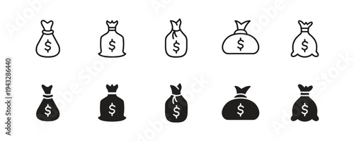 Variety of money bag icons in linear and solid styles featuring dollar symbols for wealth and banking concepts