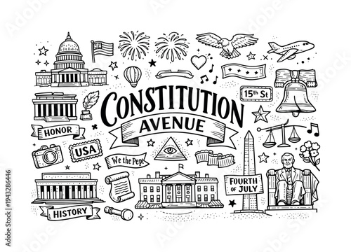Constitution Avenue illustration, hand drawn doodle elements set, center hand-lettered title, black & white vector line art, bold