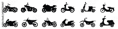 Variety of motorcycle and scooter silhouettes for transportation