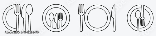 Various arrangements of plate, fork, knife, and spoon icons for dining
