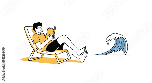 Man relaxing on a beach chair reading a book with a large wave approaching