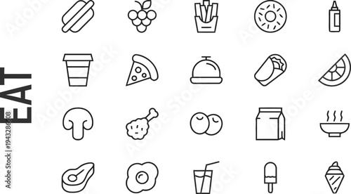 Various food and drink icons representing a diverse menu for eating out
