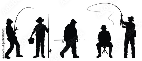 various fishermen silhouette with rods, buckets, catching fish, leisure activity